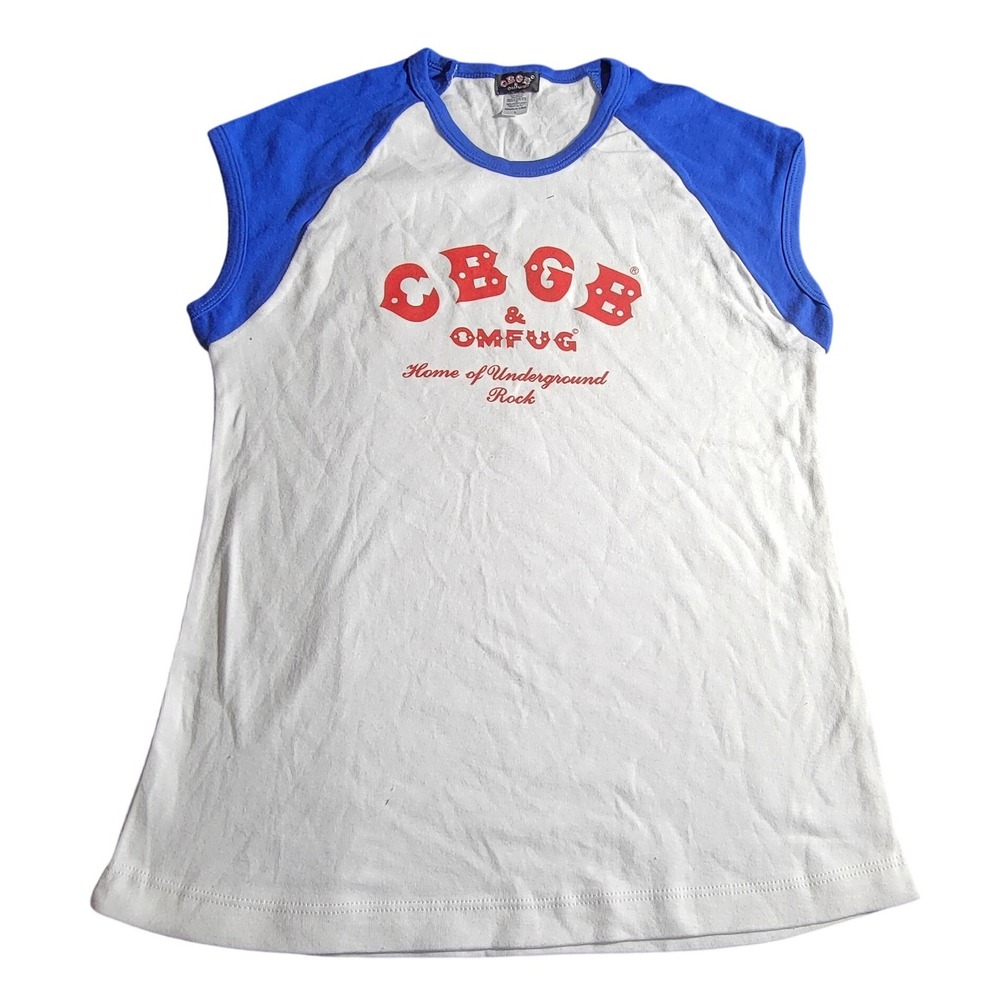 CBGB OMFUG Home of Underground Rock Muscle Tank White Blue Graphic Tee Large